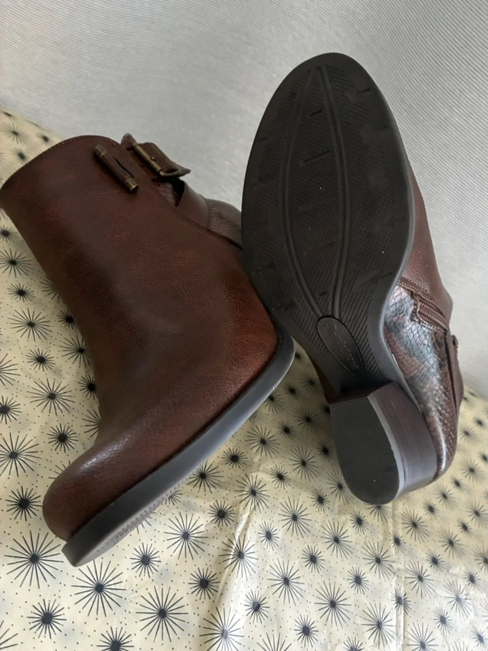 BareTraps Brown Leather Ankle Booties with Buckle and Textured Heel